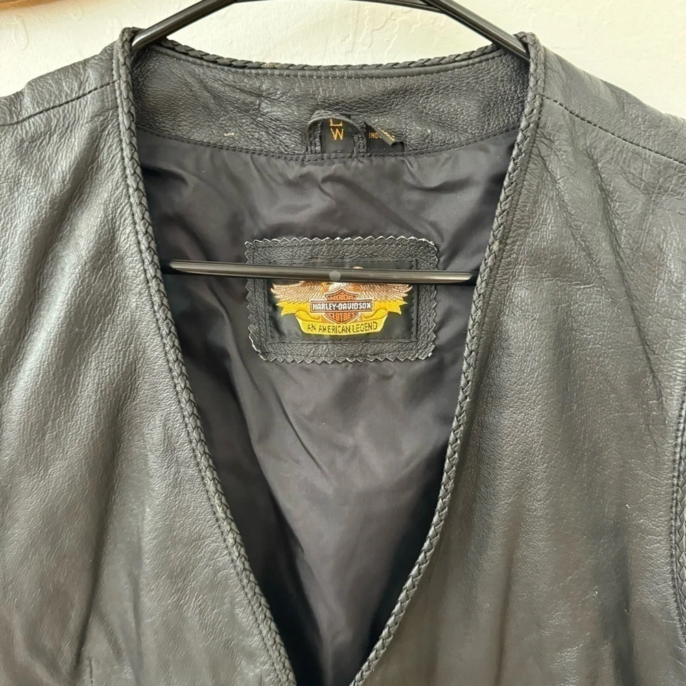 Harley Davidson Womens L Genuine Leather Zip Pocket Vest Biker Motorcycle Vtg
